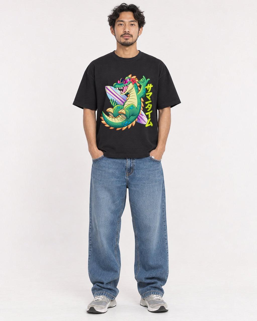 Mockup Boxy Heavyweight Tee Black male full-body 02