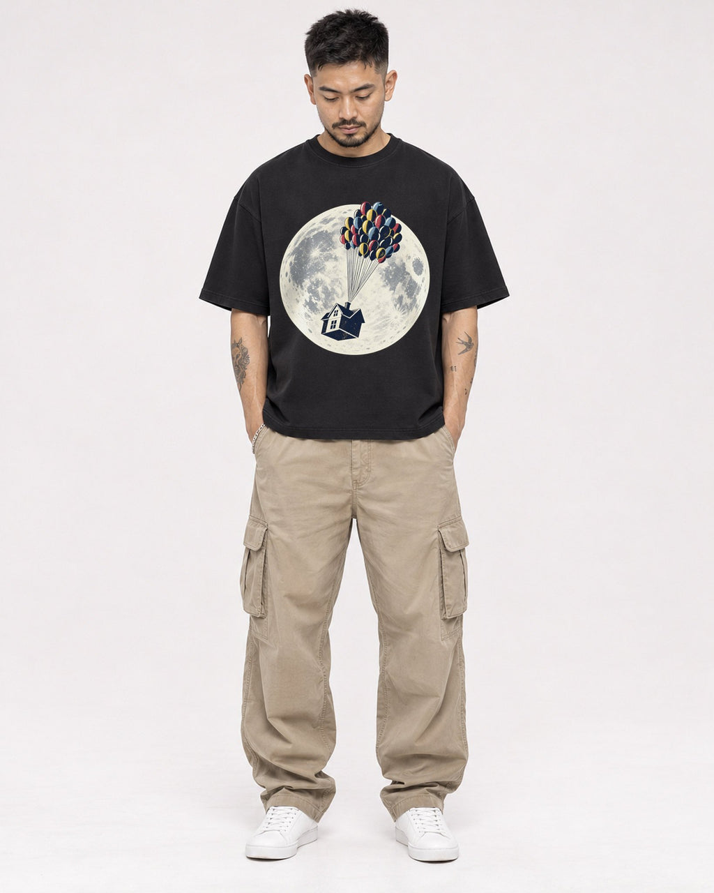 Mockup Boxy Heavyweight Tee Black male full-body 12
