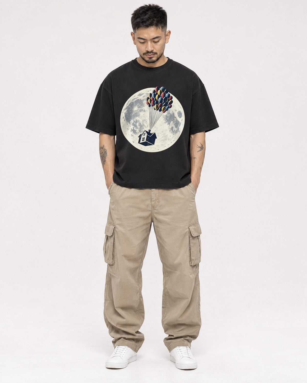 Mockup Boxy Heavyweight Tee Black male full-body 12