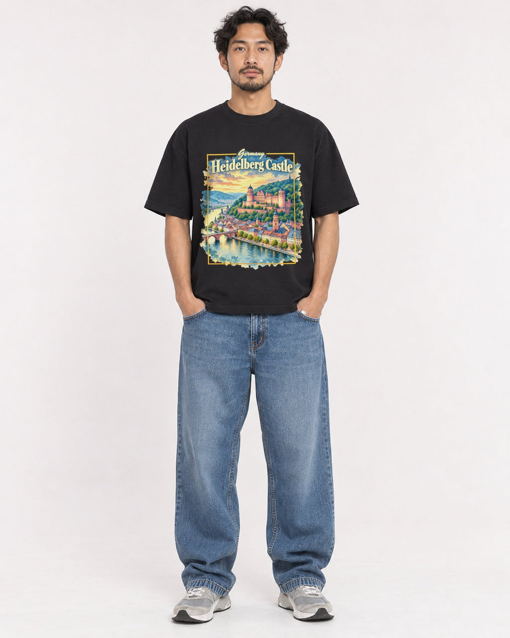 Mockup Boxy Heavyweight Tee Black male full-body 02
