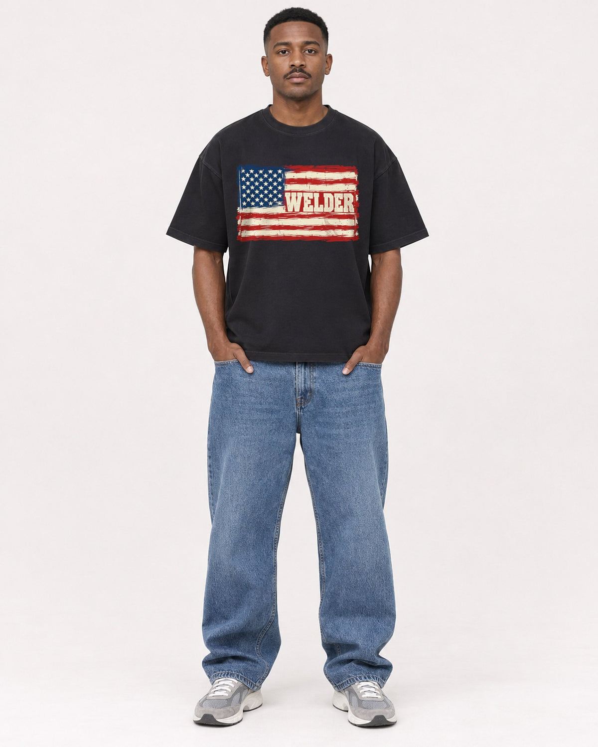 Mockup Boxy Heavyweight Tee Black male full-body 14