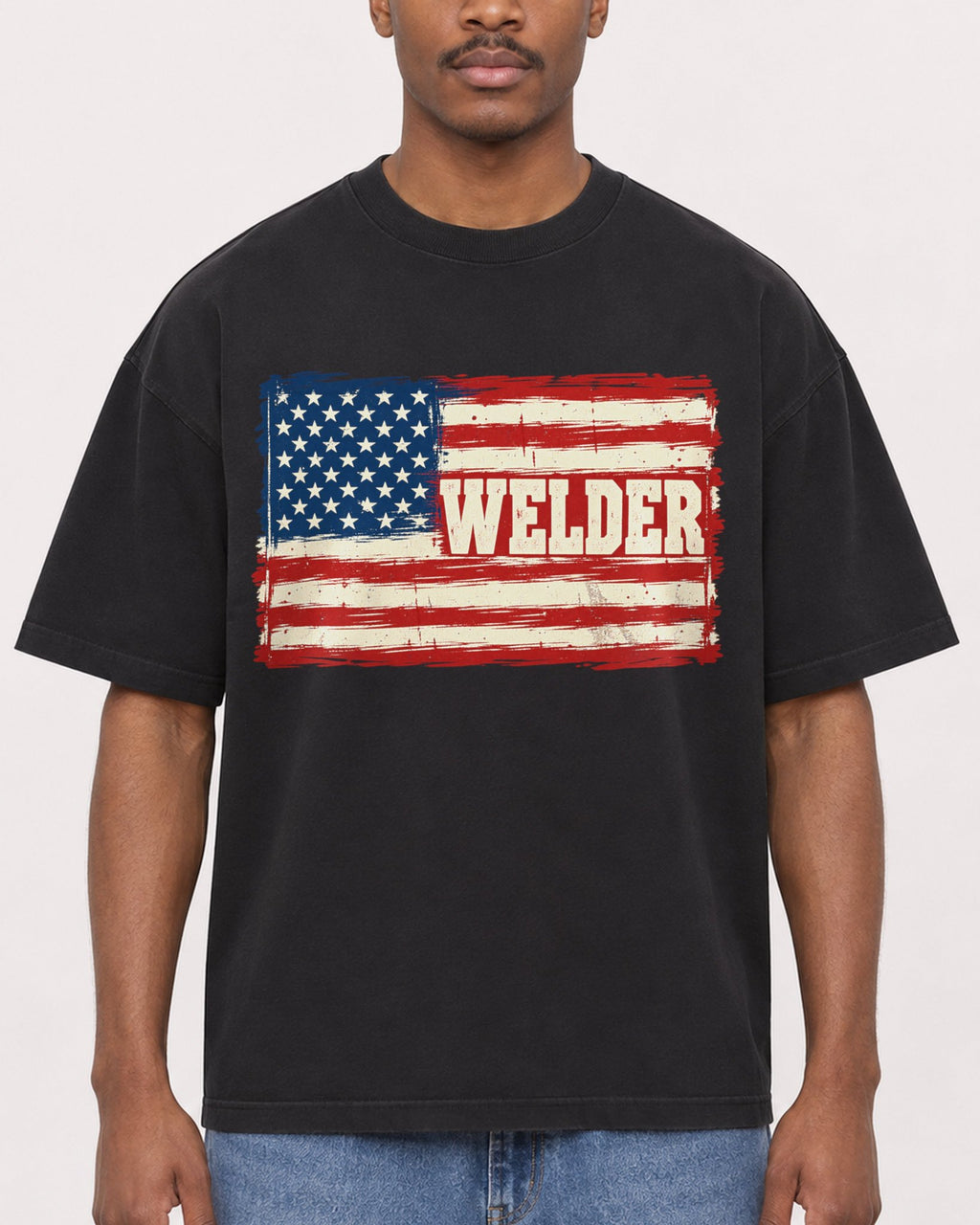 Mockup Boxy Heavyweight Tee Black male close-up 14
