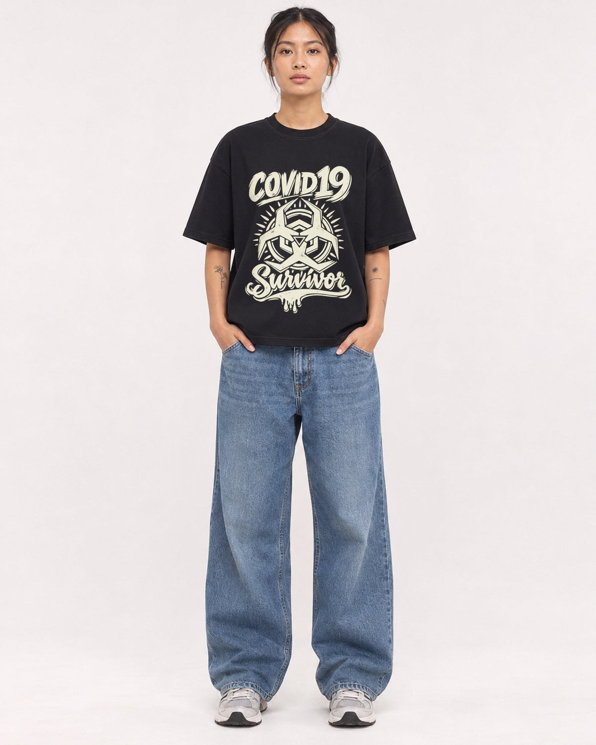 Mockup Boxy Heavyweight Tee Black female full-body 12