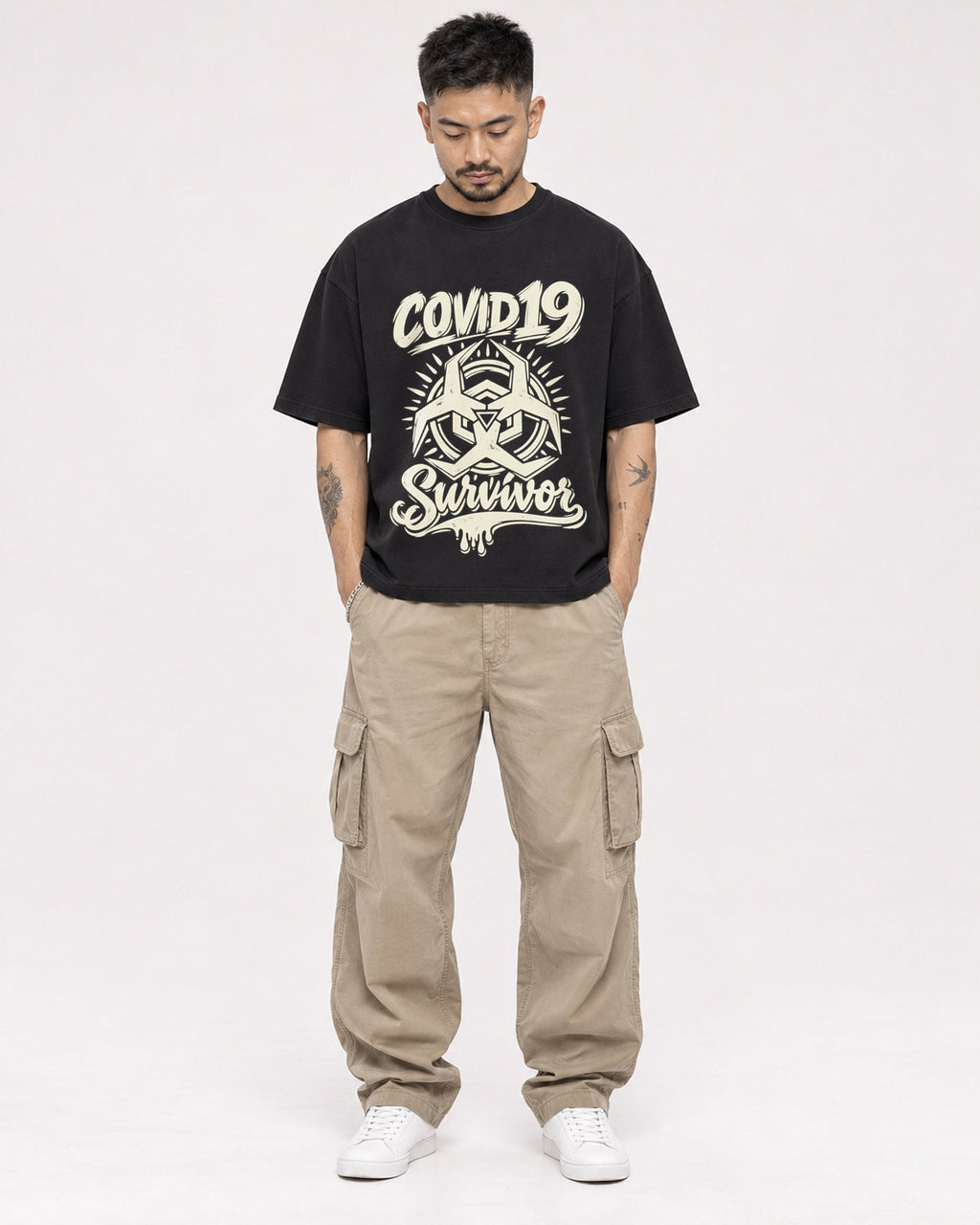 Mockup Boxy Heavyweight Tee Black male full-body 12