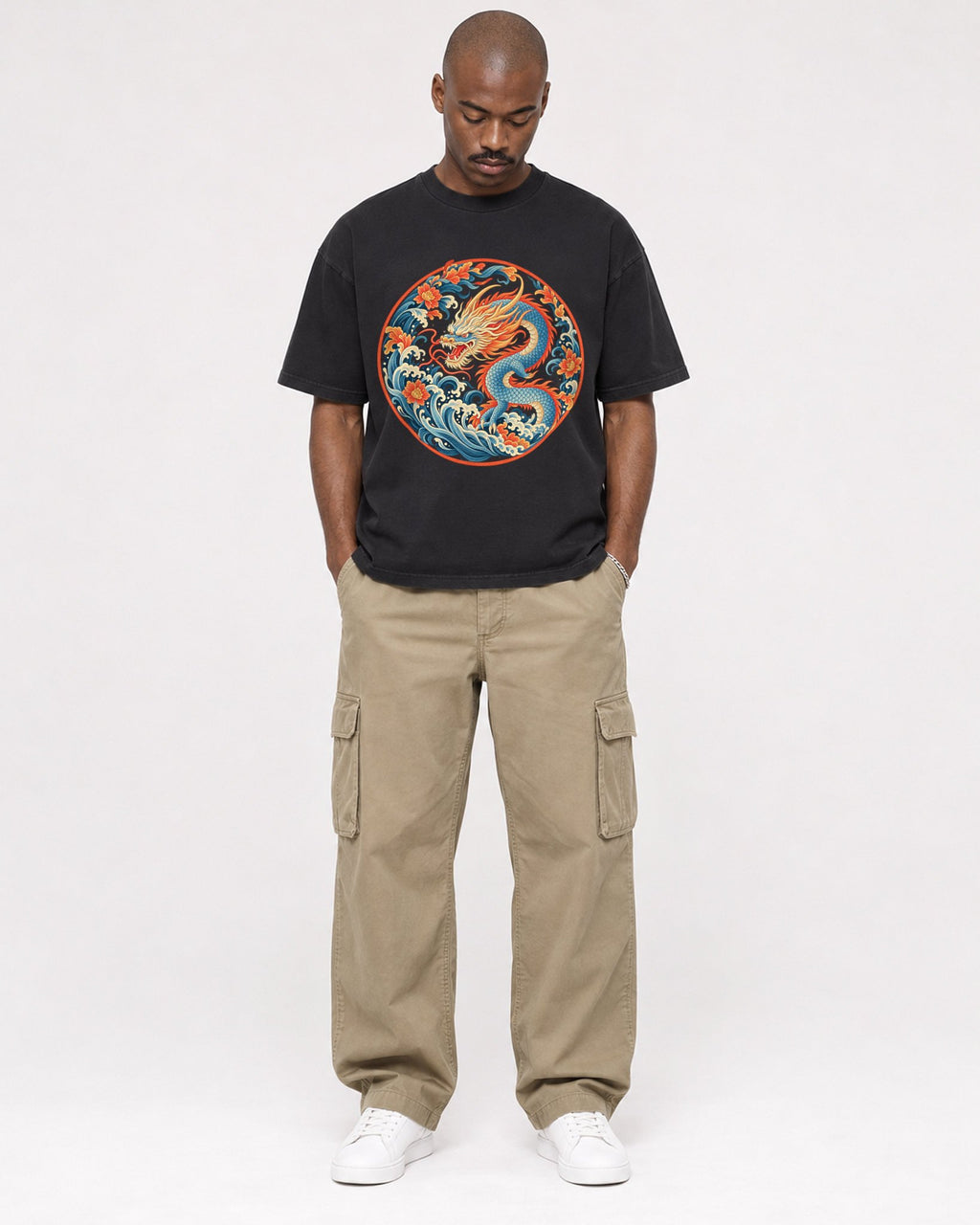 Mockup Boxy Heavyweight Tee Black male full-body 44