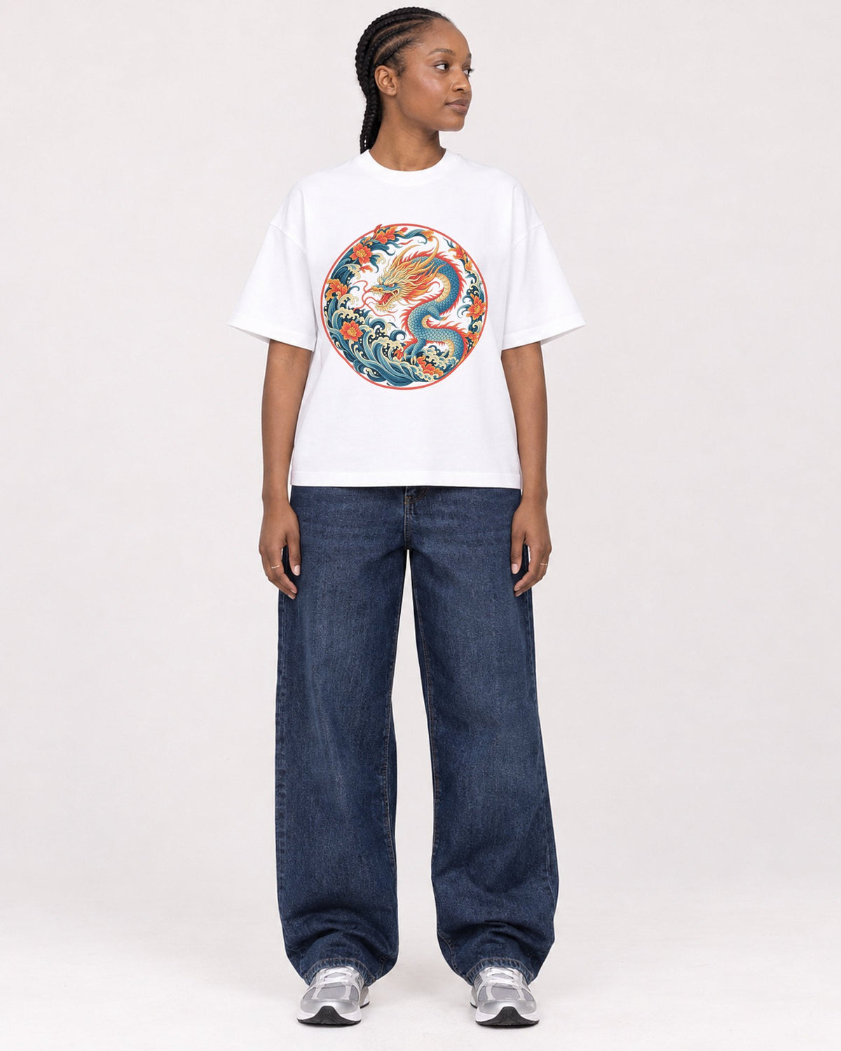 Mockup Boxy Heavyweight Tee White female full-body 44