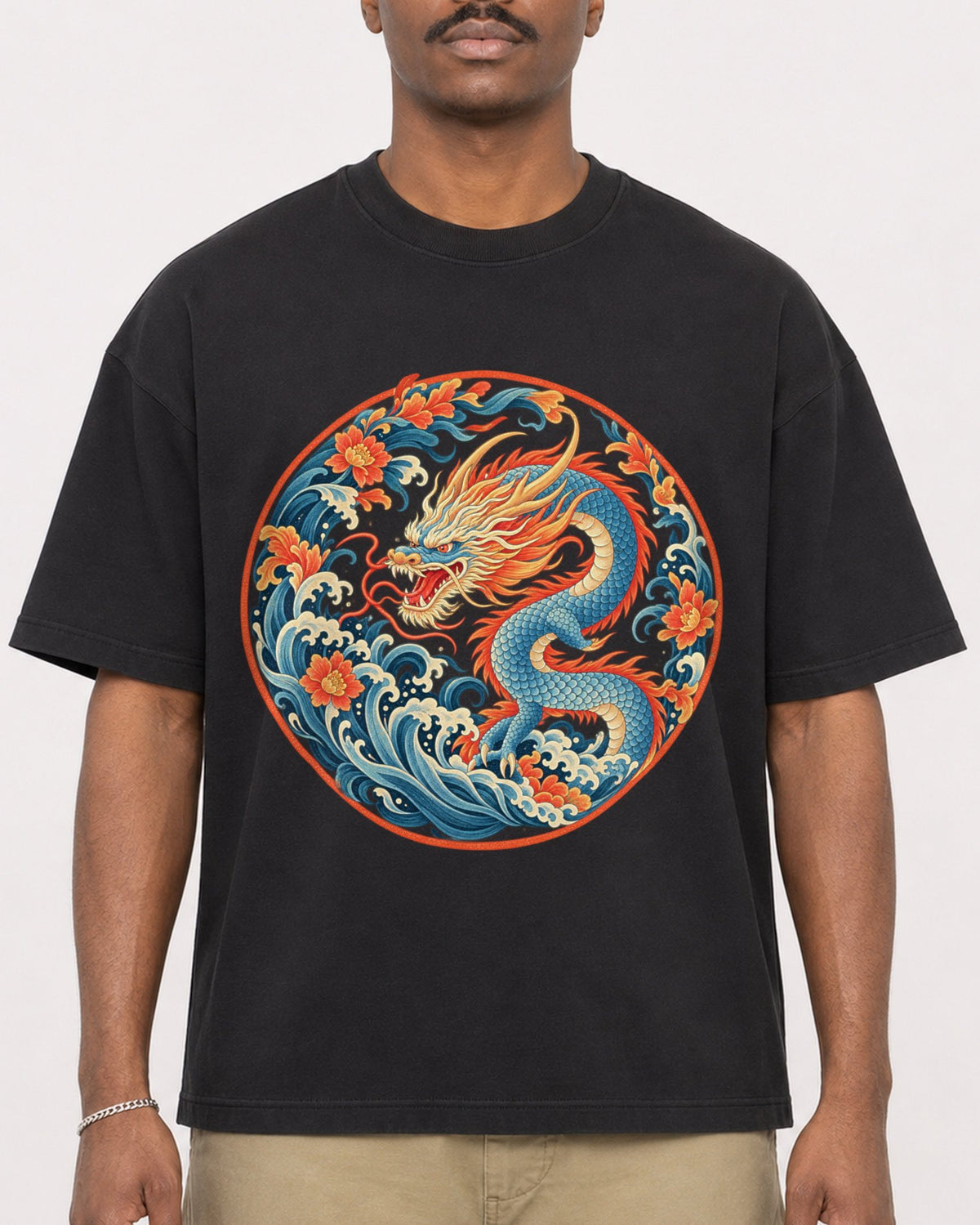 Mockup Boxy Heavyweight Tee Black male close-up 44