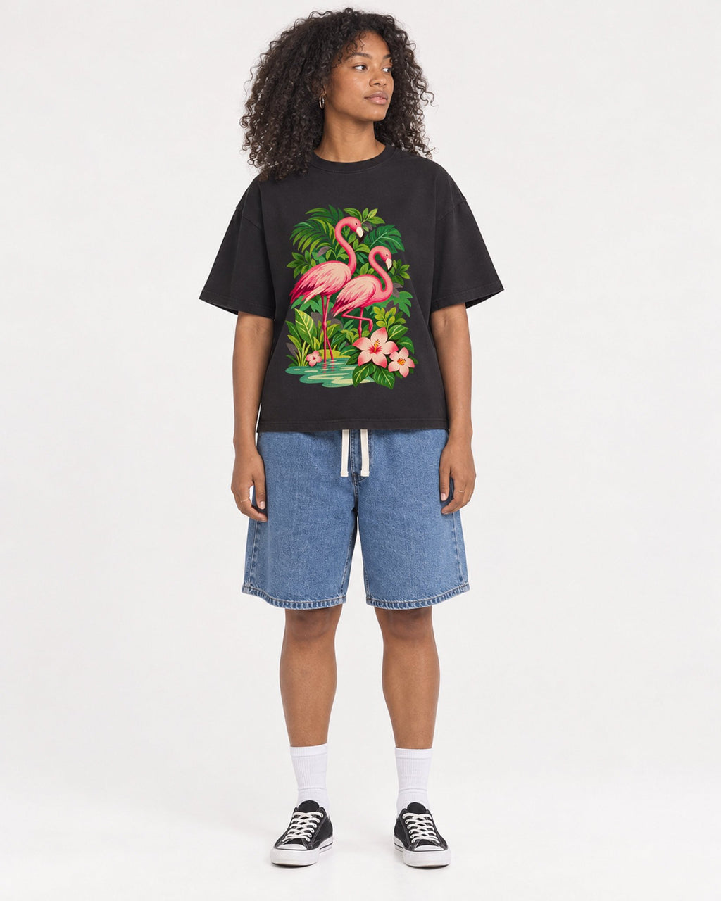 Mockup Boxy Heavyweight Tee Black female full-body 05