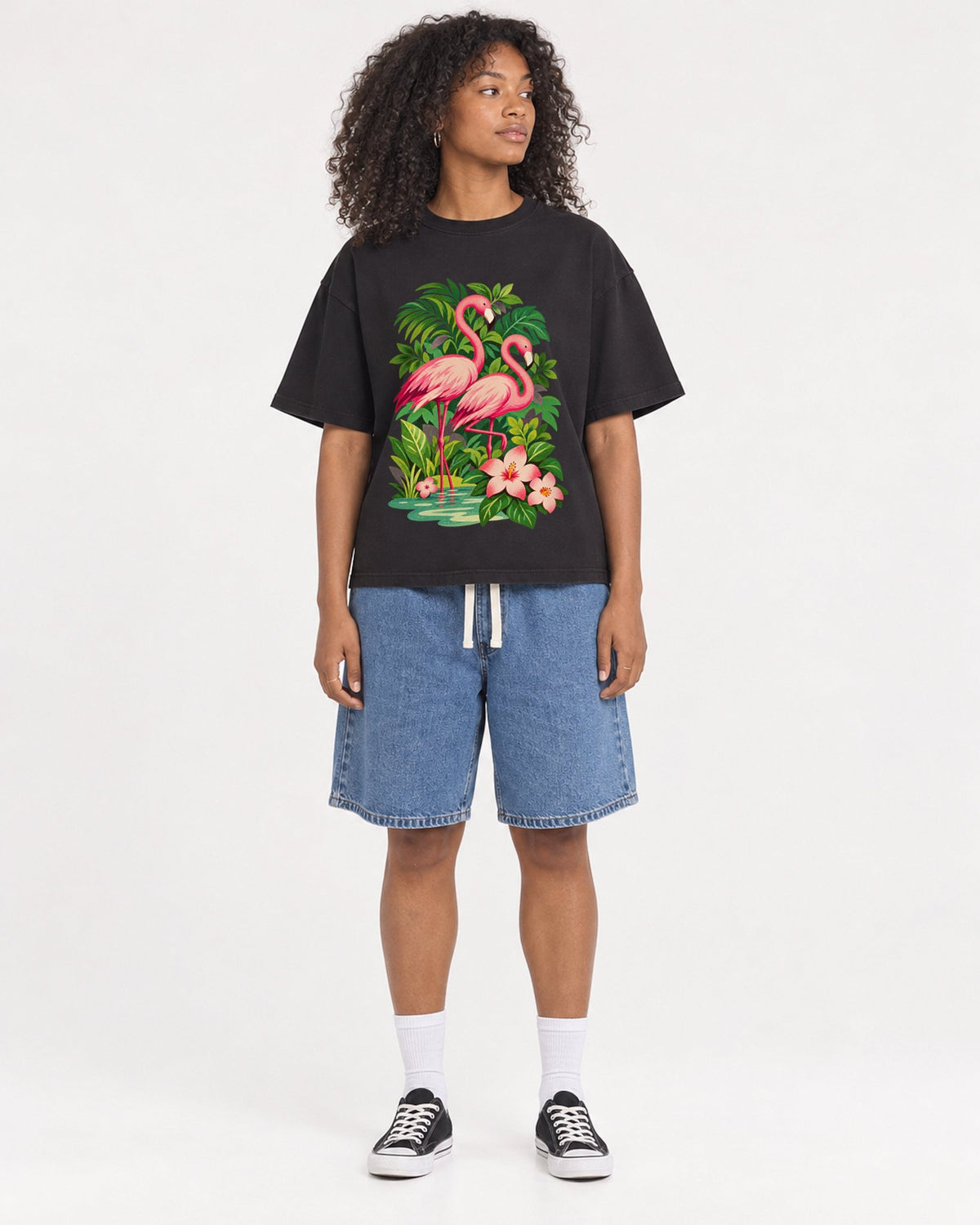 Mockup Boxy Heavyweight Tee Black female full-body 05