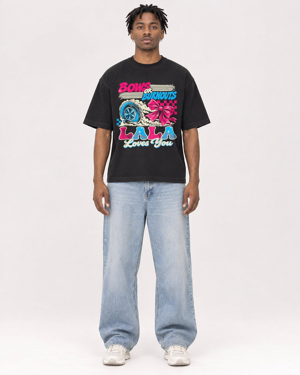 Mockup Boxy Heavyweight Tee Black male full-body 05