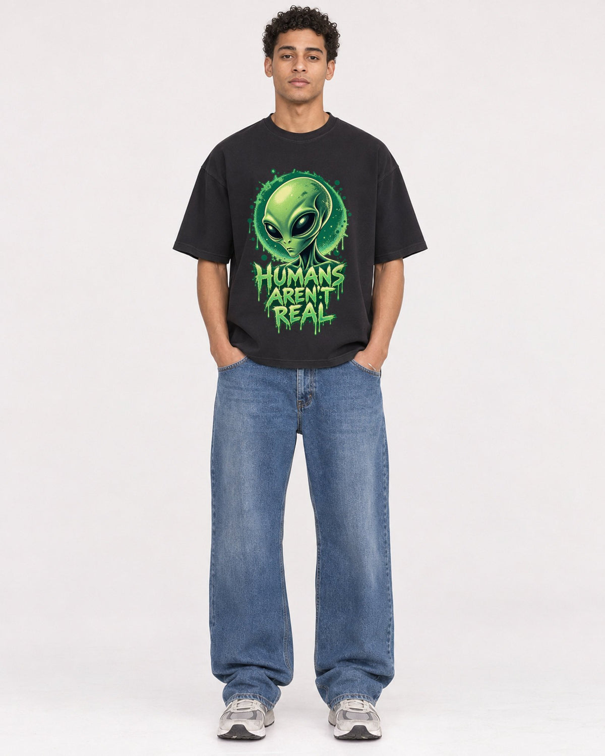 Mockup Boxy Heavyweight Tee Black male full-body 10