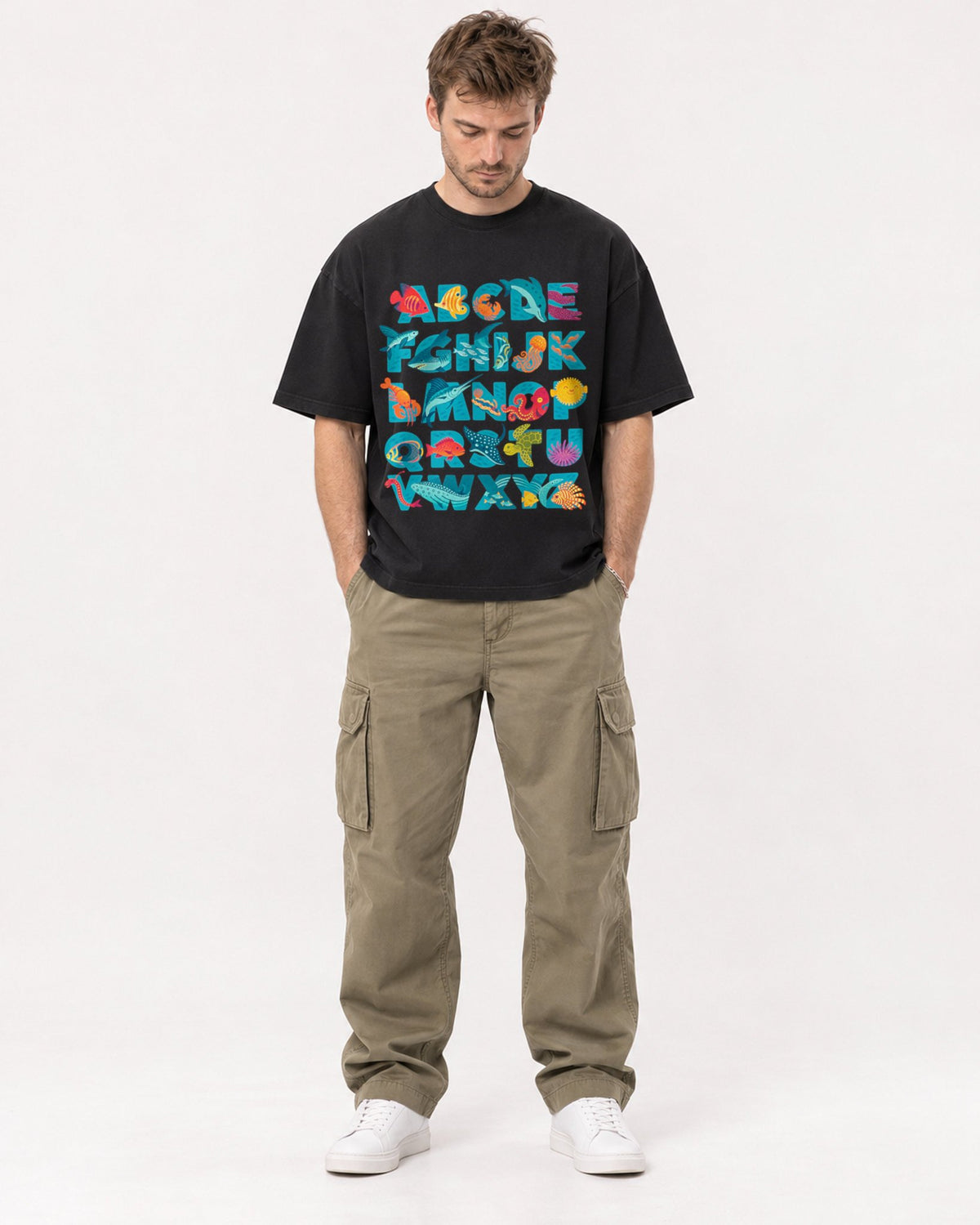 Mockup Boxy Heavyweight Tee Black male full-body 08