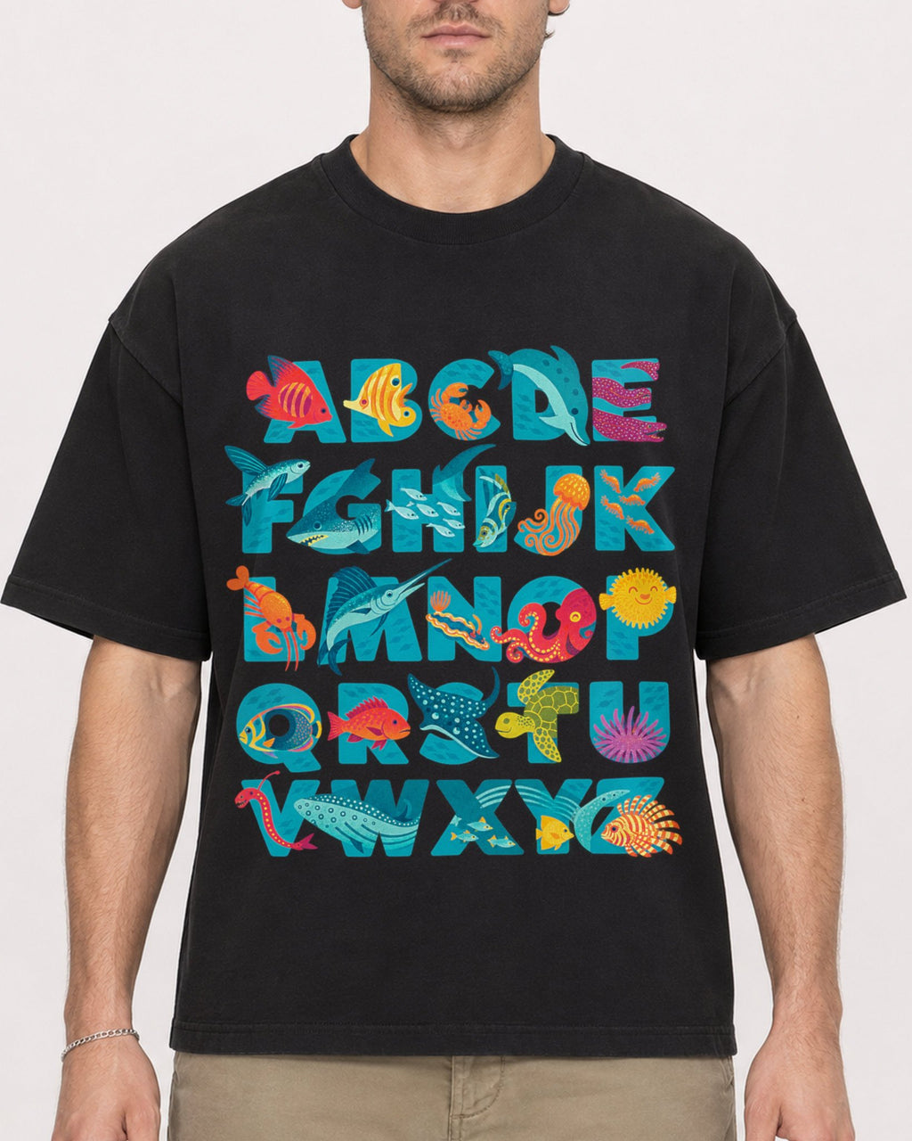Mockup Boxy Heavyweight Tee Black male close-up 08