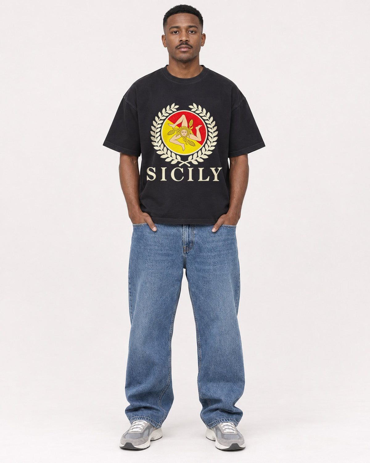 Mockup Boxy Heavyweight Tee Black male full-body 14