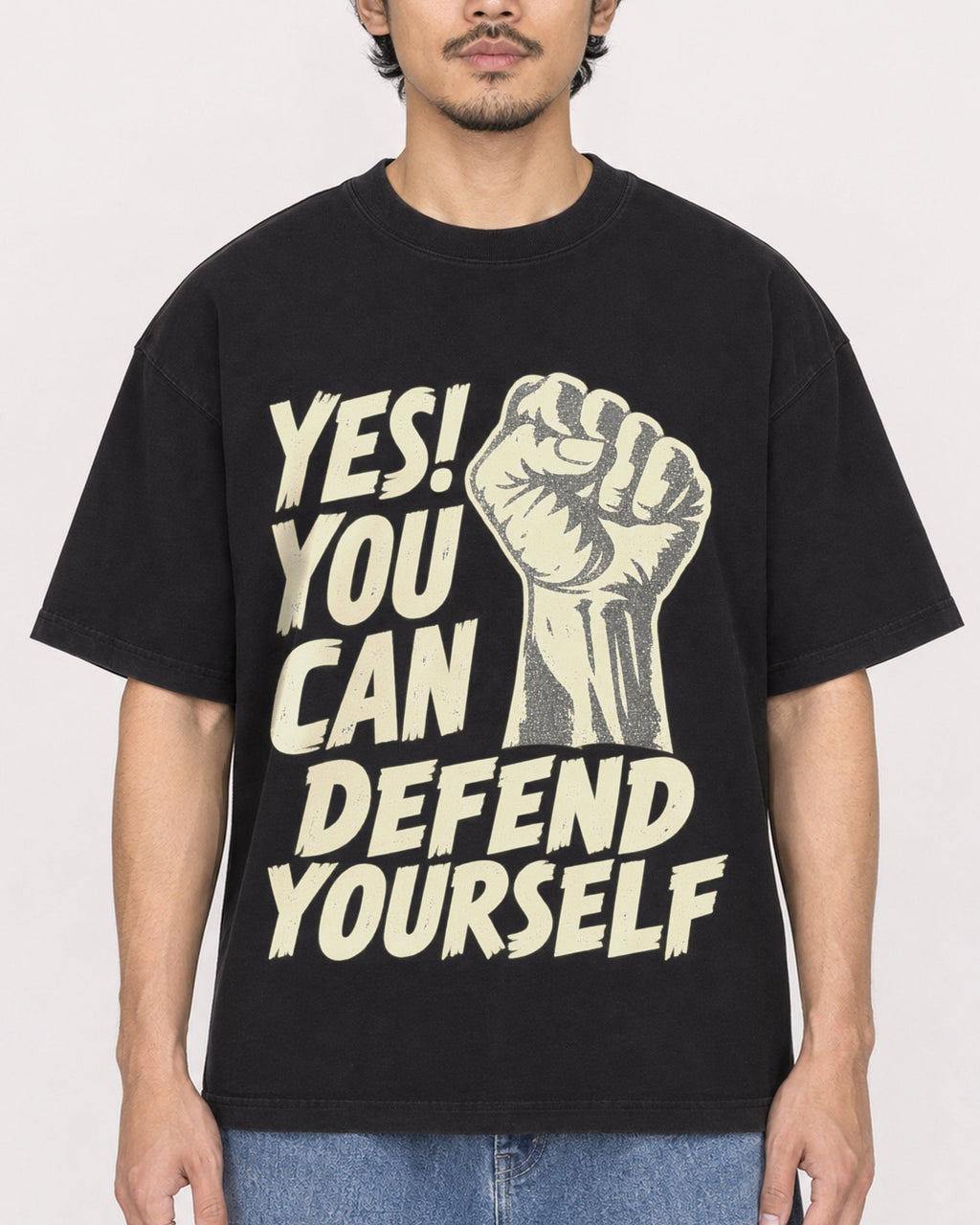 Mockup Boxy Heavyweight Tee Black male close-up 02