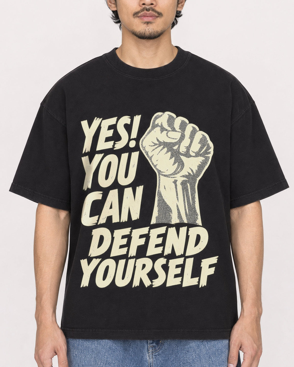 Mockup Boxy Heavyweight Tee Black male close-up 02
