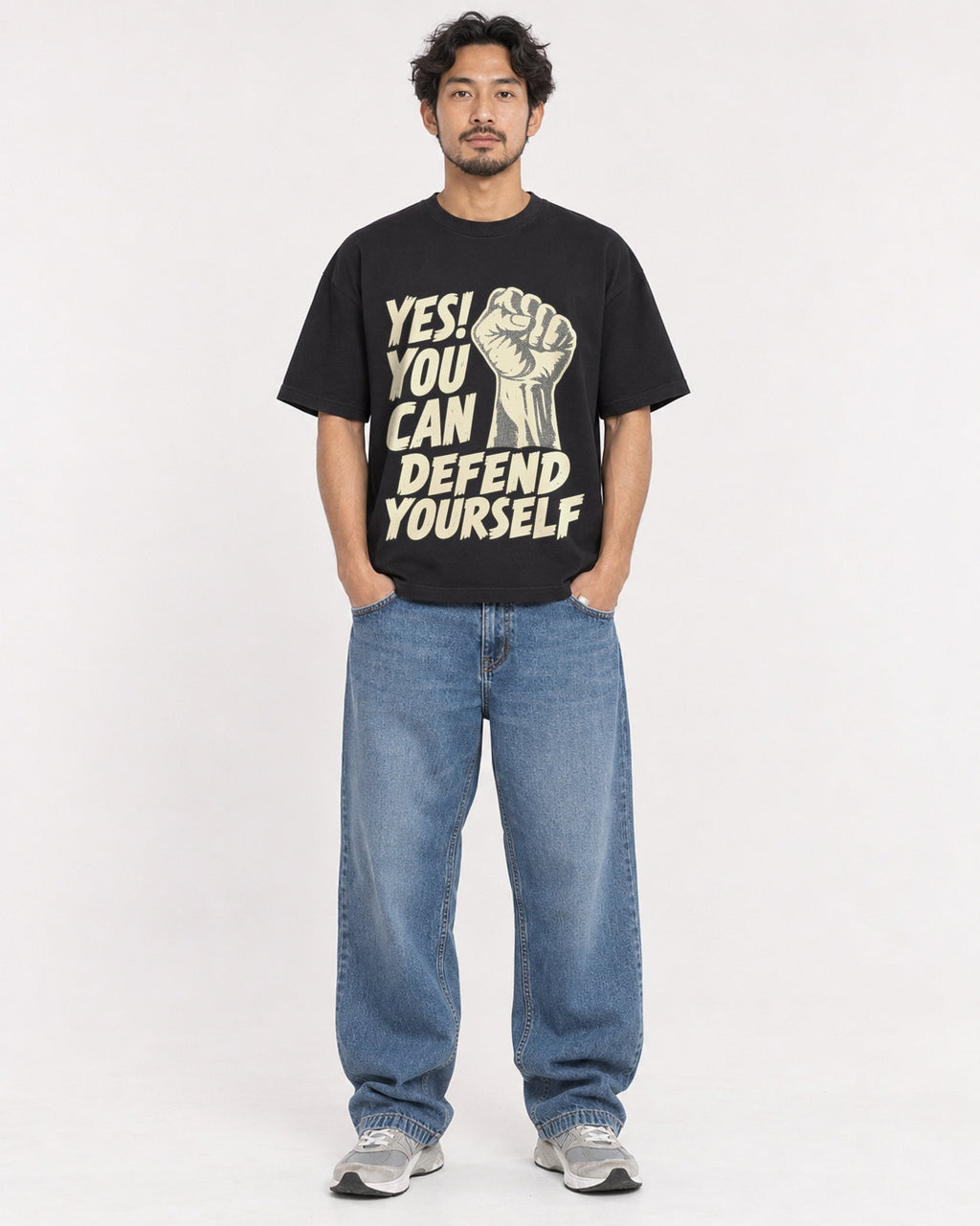Mockup Boxy Heavyweight Tee Black male full-body 02