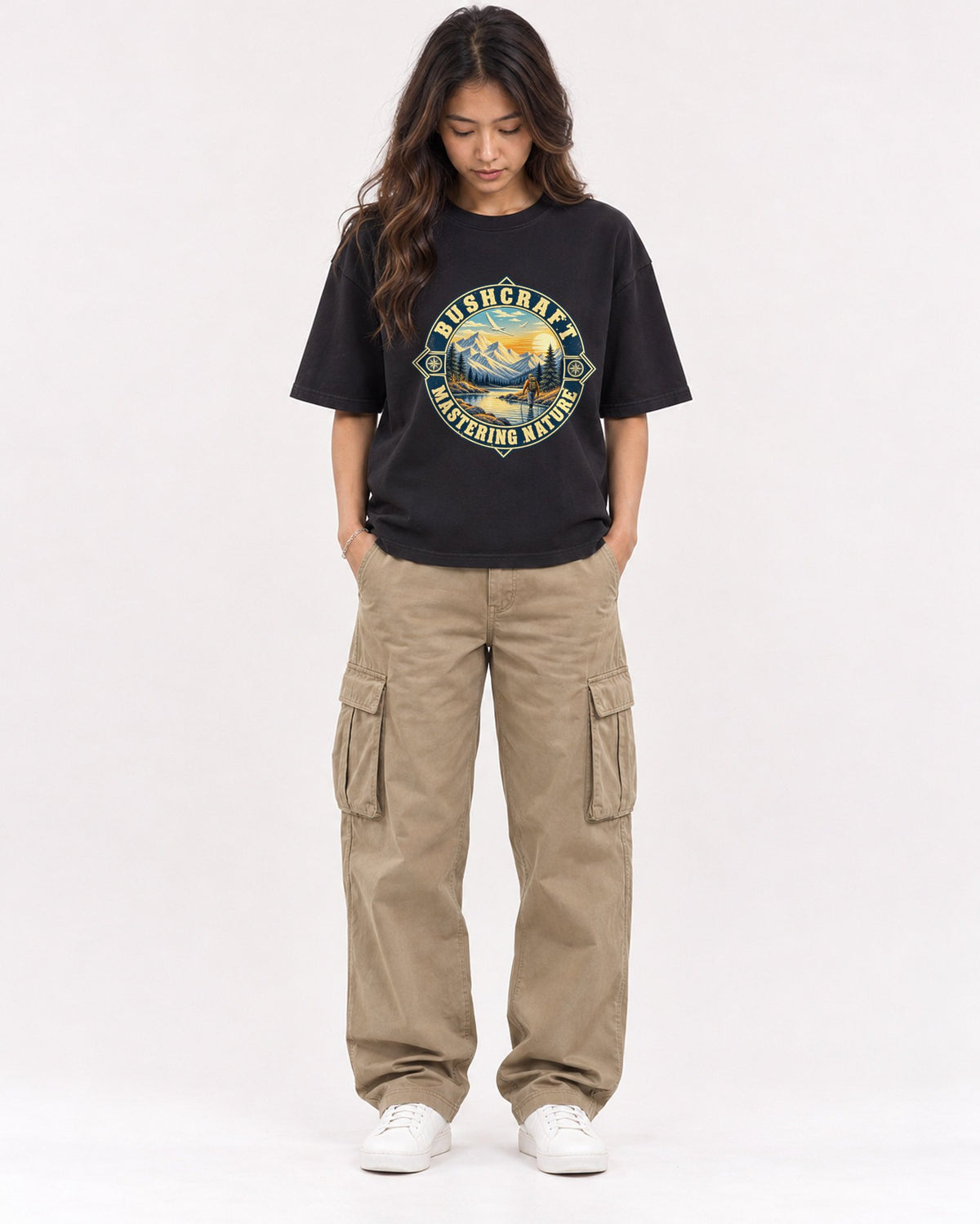 Mockup Boxy Heavyweight Tee Black female full-body 02