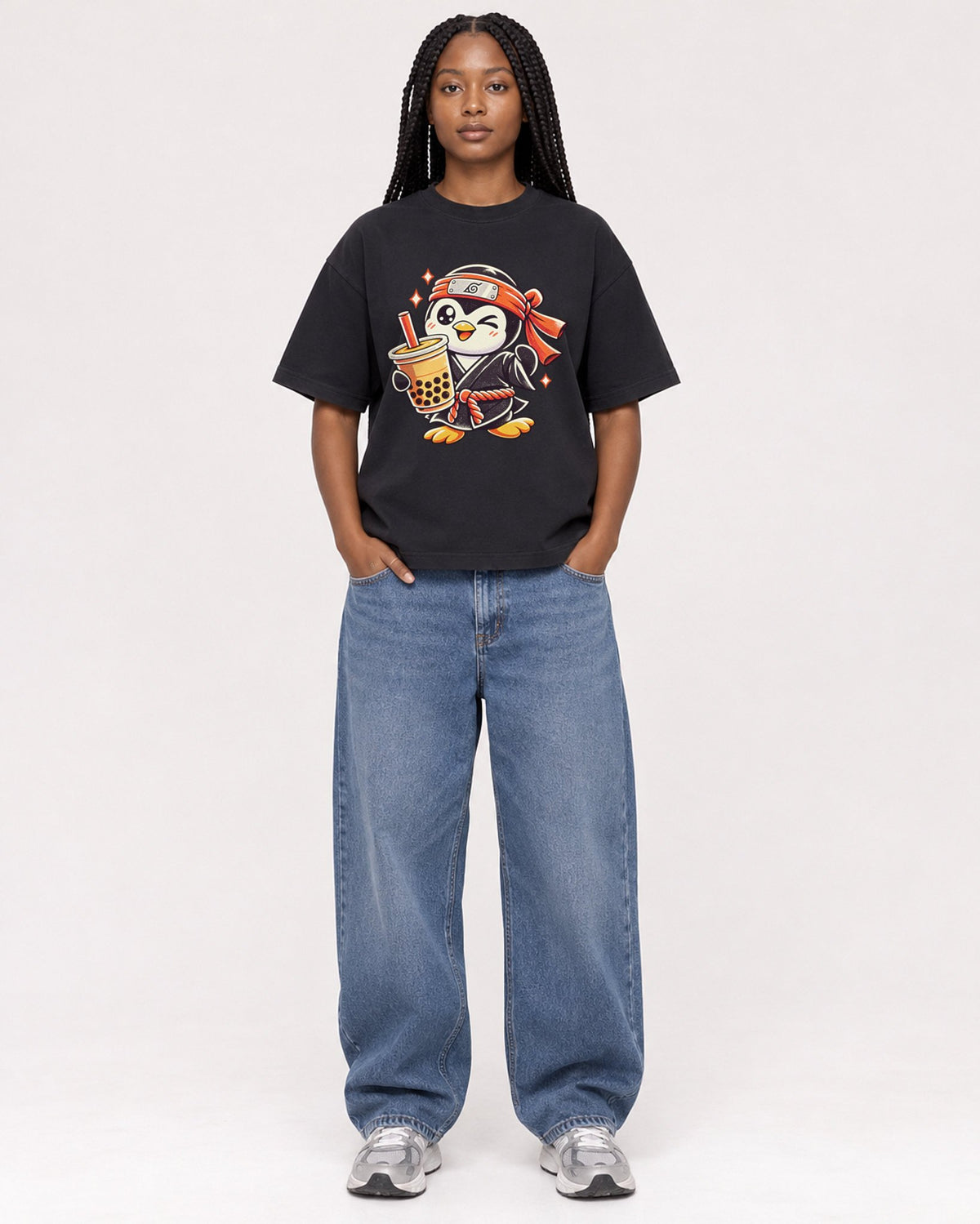 Mockup Boxy Heavyweight Tee Black female full-body 04