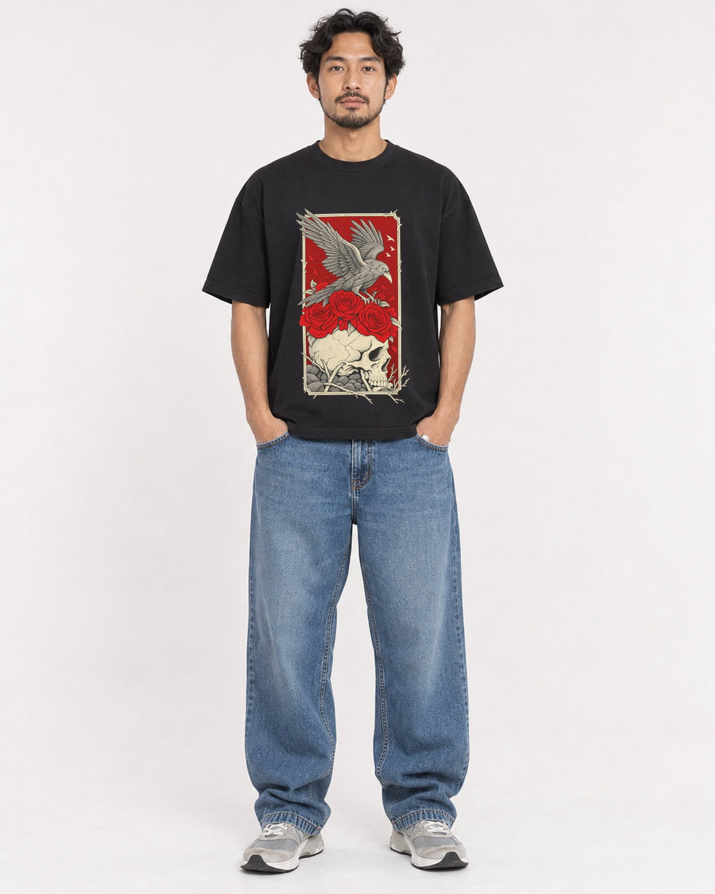 Mockup Boxy Heavyweight Tee Black male full-body 02