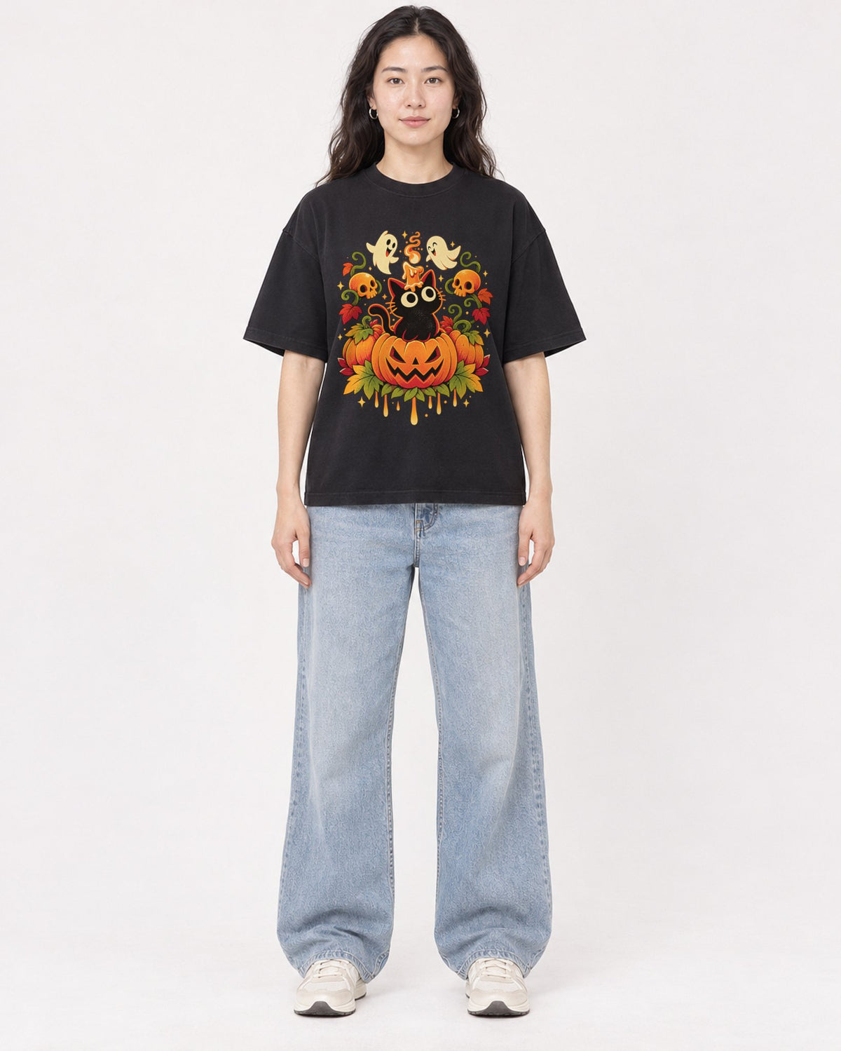 Mockup Boxy Heavyweight Tee Black female full-body 03