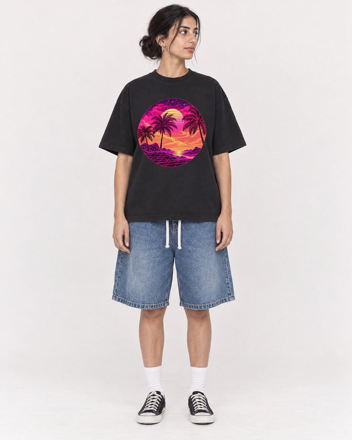 Mockup Boxy Heavyweight Tee Black female full-body 17