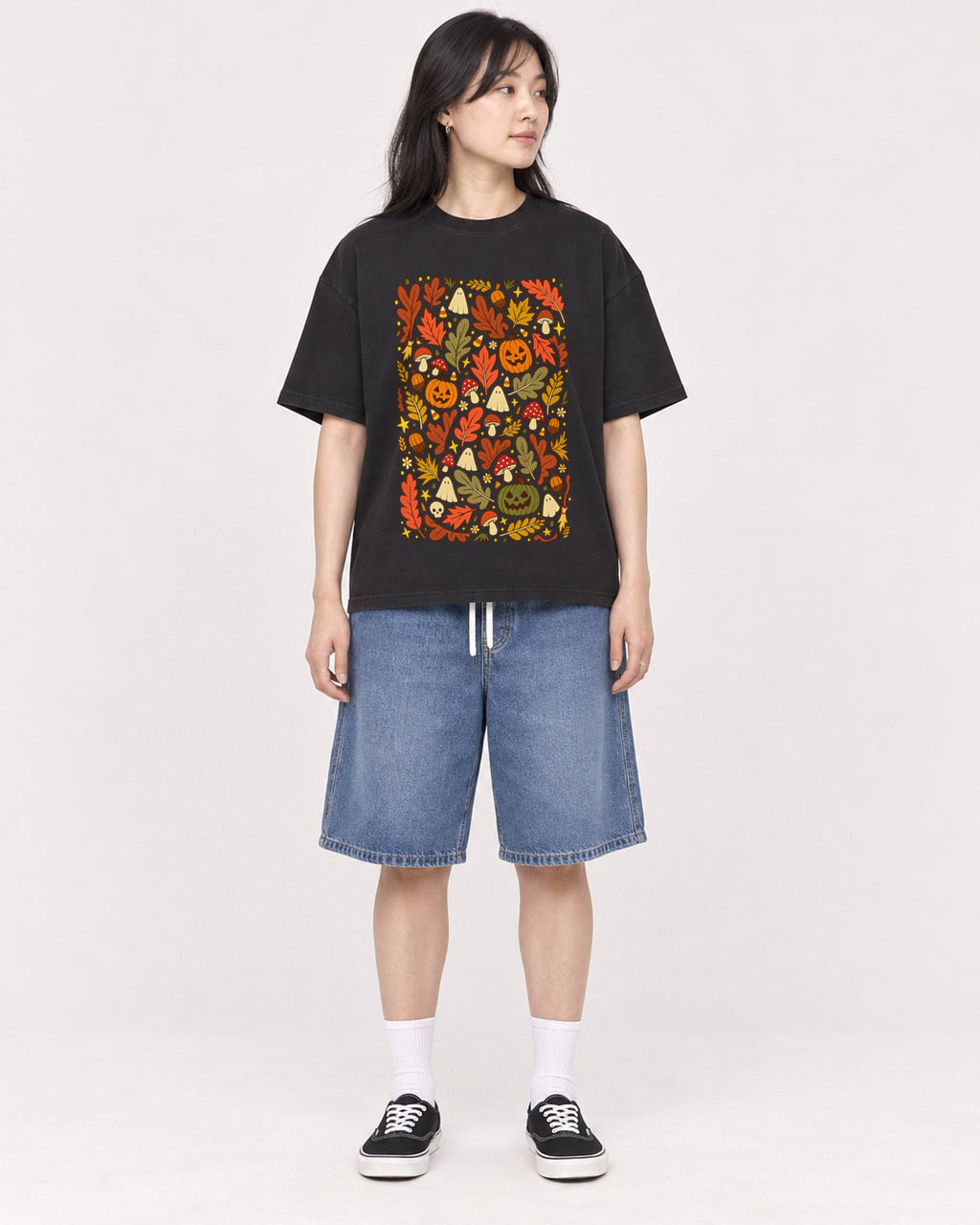 Mockup Boxy Heavyweight Tee Black female full-body 13