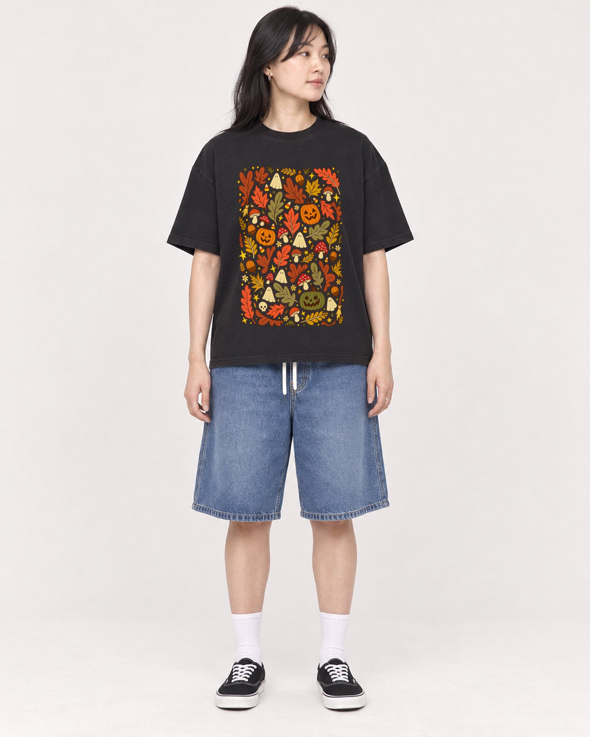 Mockup Boxy Heavyweight Tee Black female full-body 13
