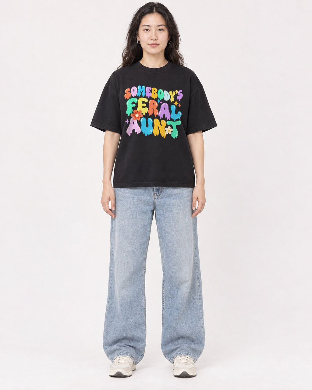 Mockup Boxy Heavyweight Tee Black female full-body 03