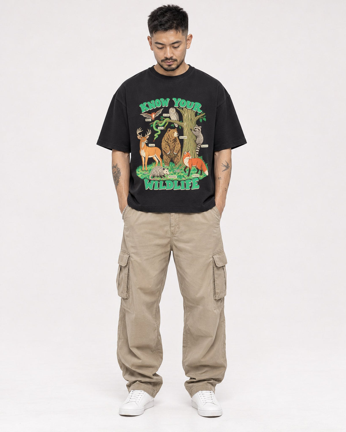 Mockup Boxy Heavyweight Tee Black male full-body 12