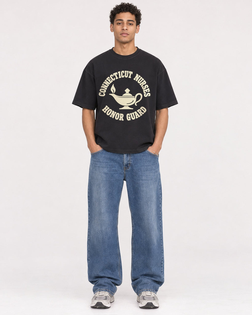 Mockup Boxy Heavyweight Tee Black male full-body 10