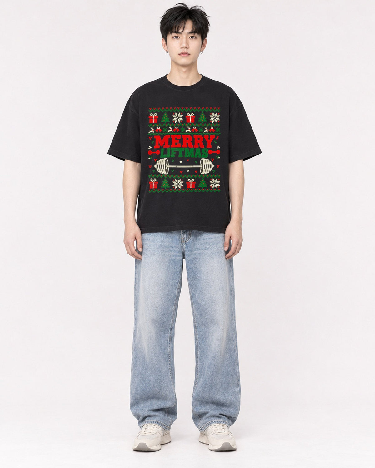 Mockup Boxy Heavyweight Tee Black male full-body 01