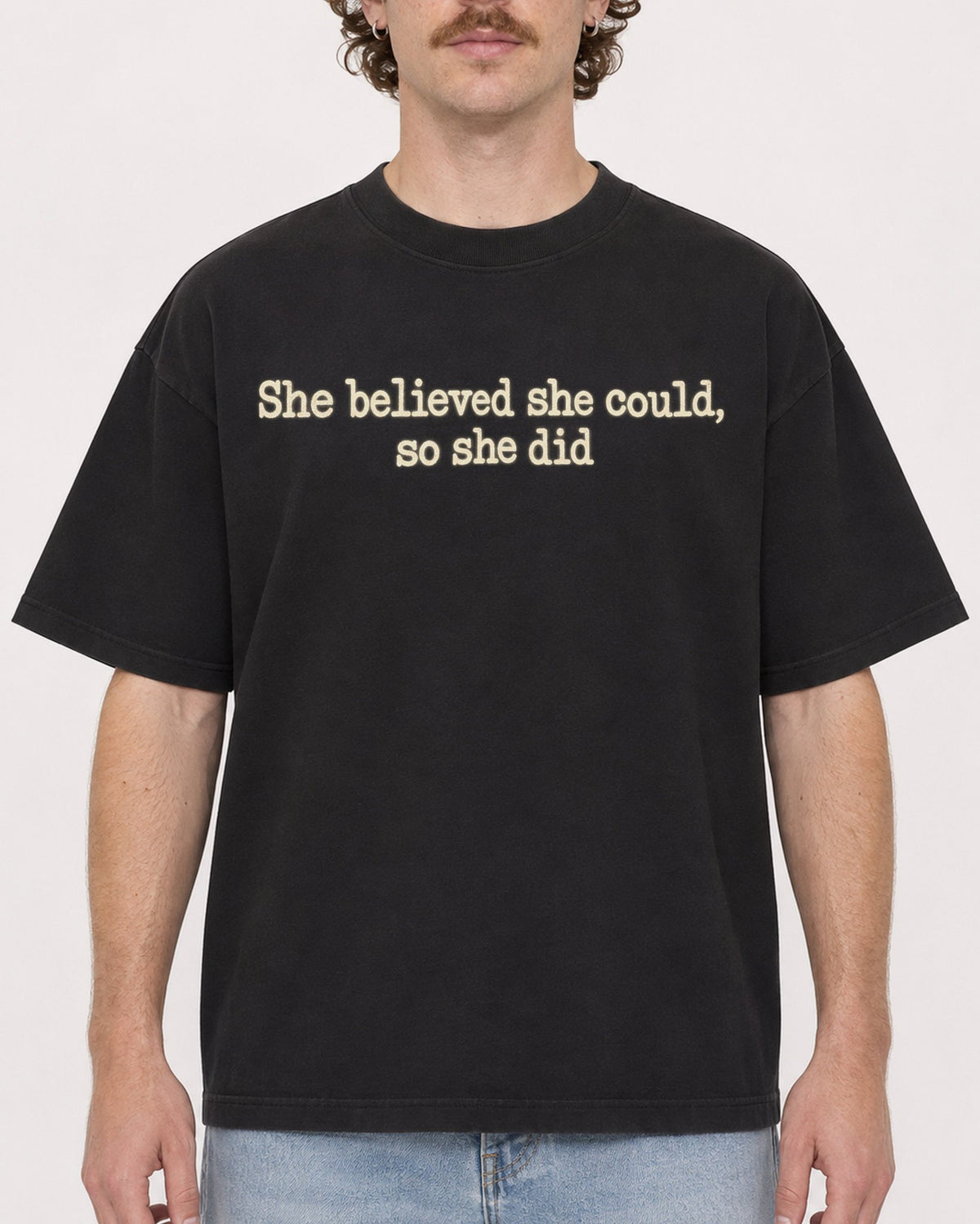 Mockup Boxy Heavyweight Tee Black male close-up 09
