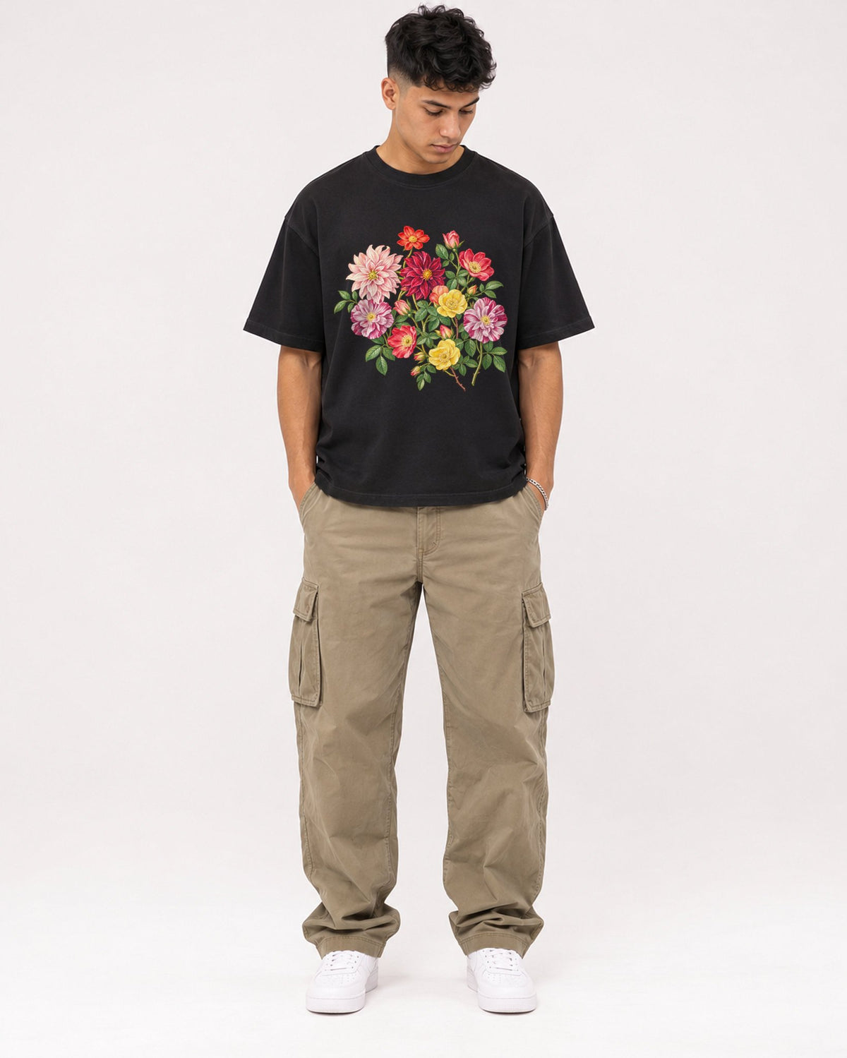 Mockup Boxy Heavyweight Tee Black male full-body 16