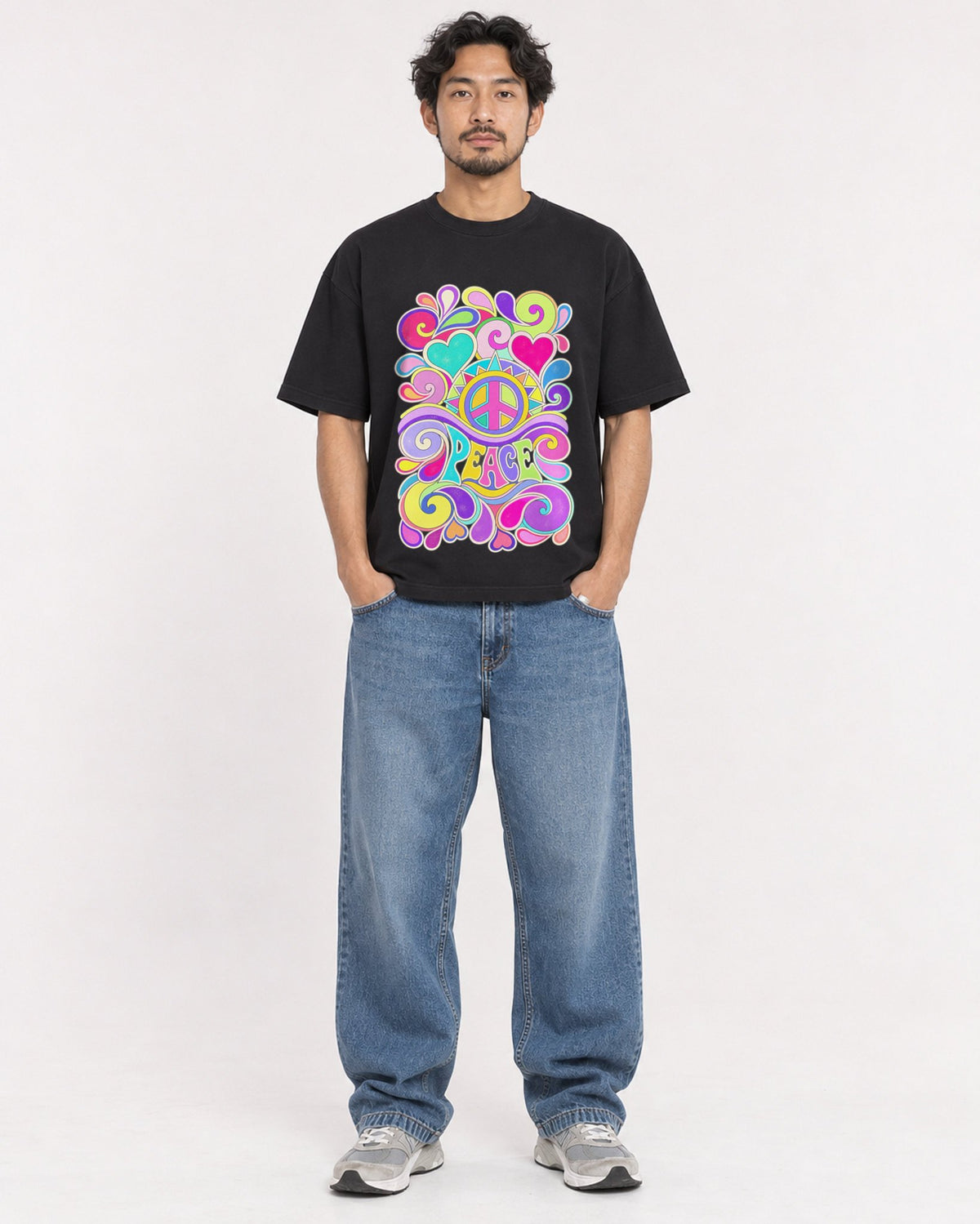 Mockup Boxy Heavyweight Tee Black male full-body 02