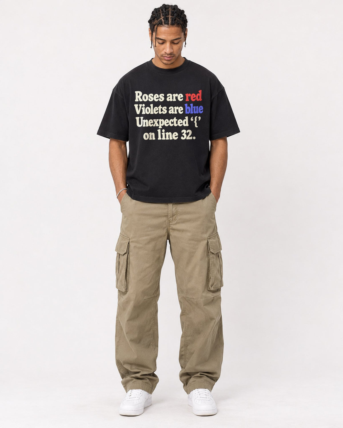 Mockup Boxy Heavyweight Tee Black male full-body 40