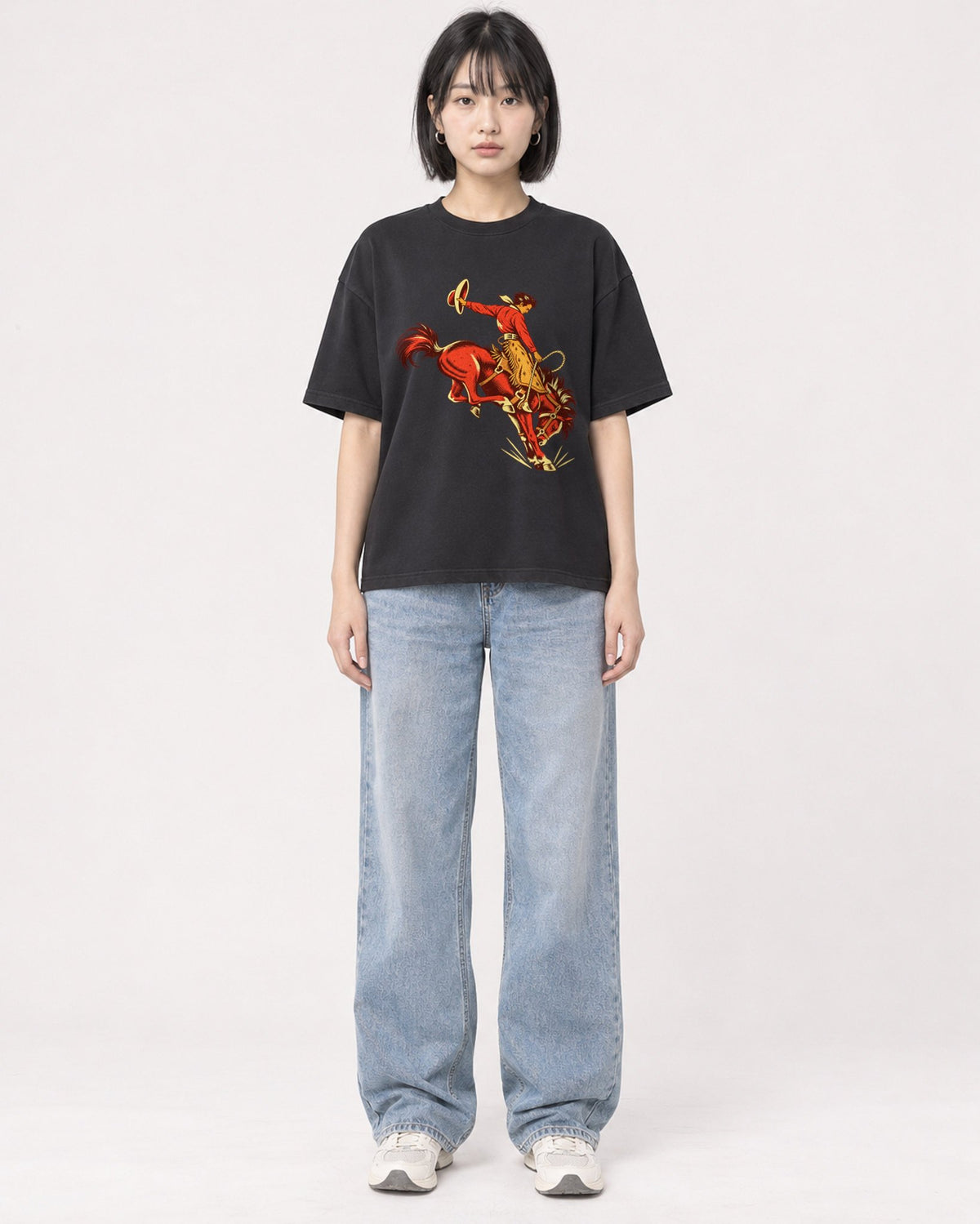 Mockup Boxy Heavyweight Tee Black female full-body 11
