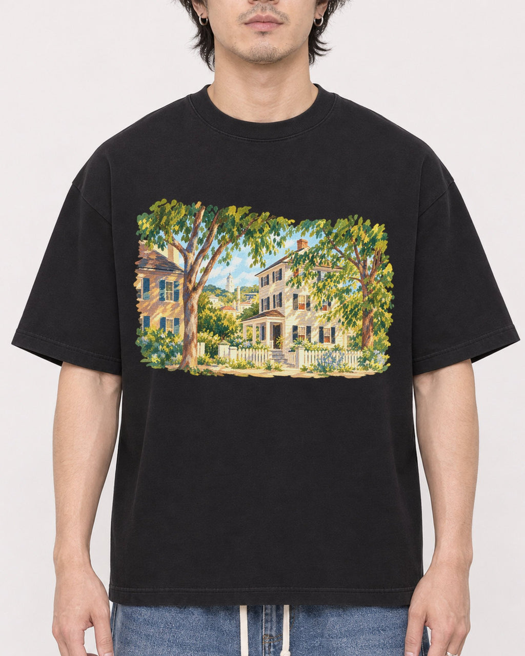 Mockup Boxy Heavyweight Tee Black male close-up 03