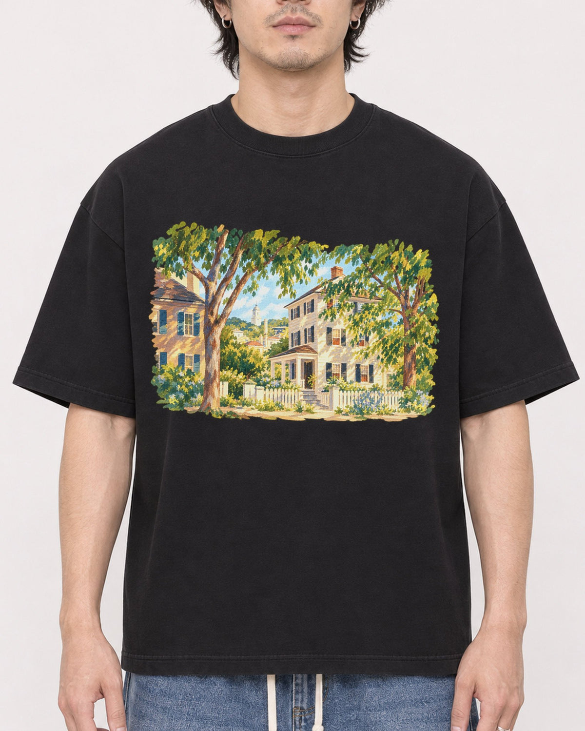 Mockup Boxy Heavyweight Tee Black male close-up 03