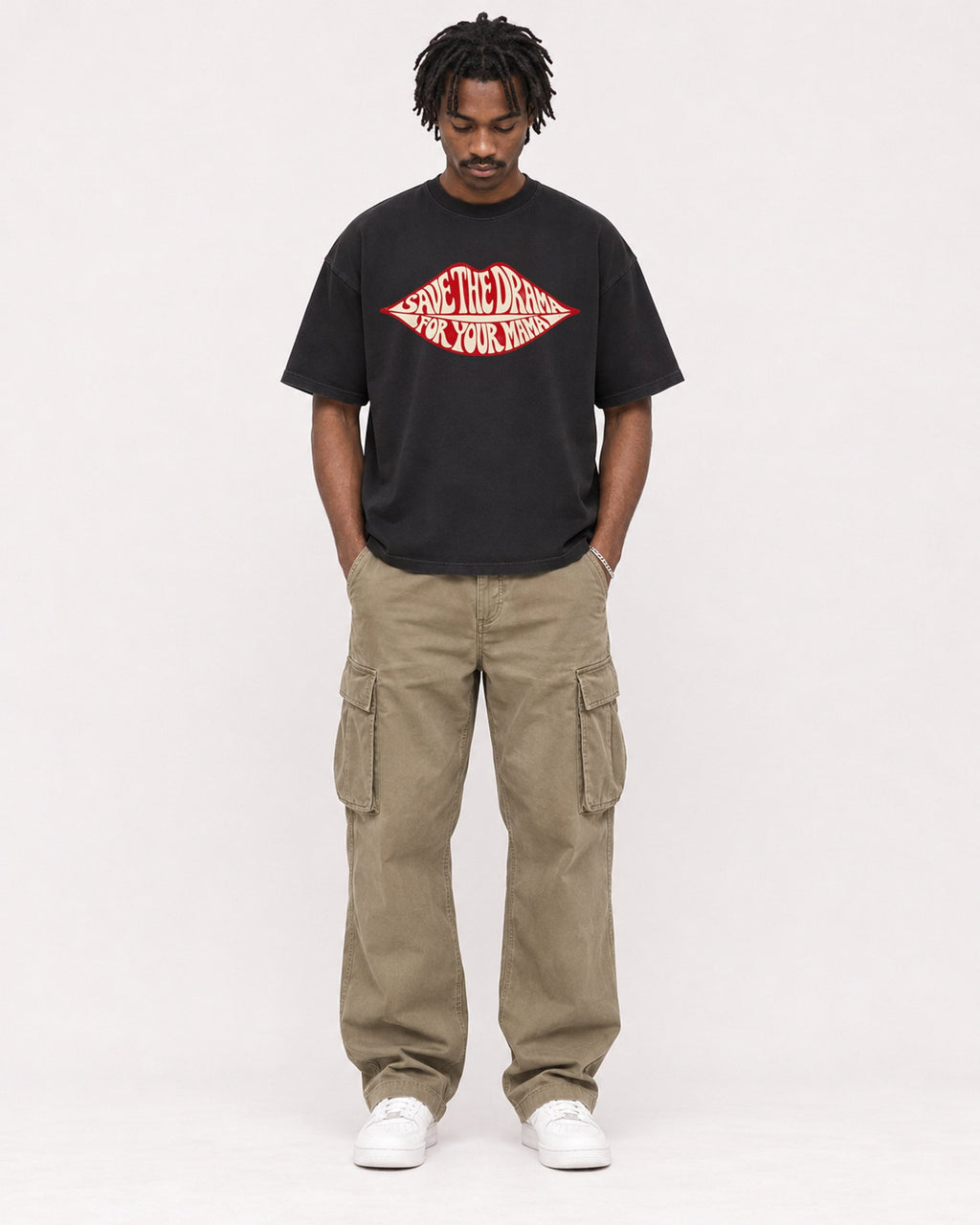 Mockup Boxy Heavyweight Tee Black male full-body 04