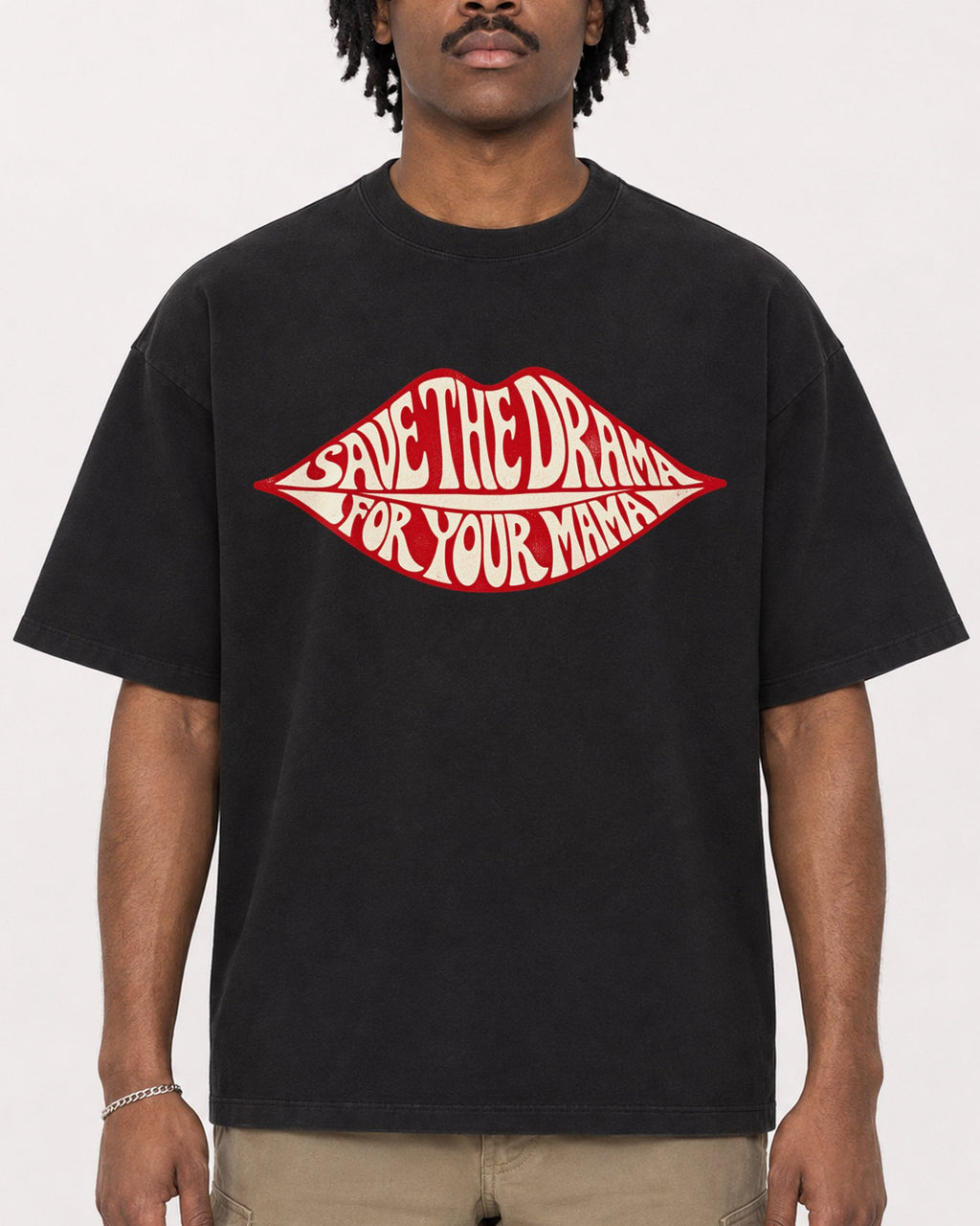 Mockup Boxy Heavyweight Tee Black male close-up 04
