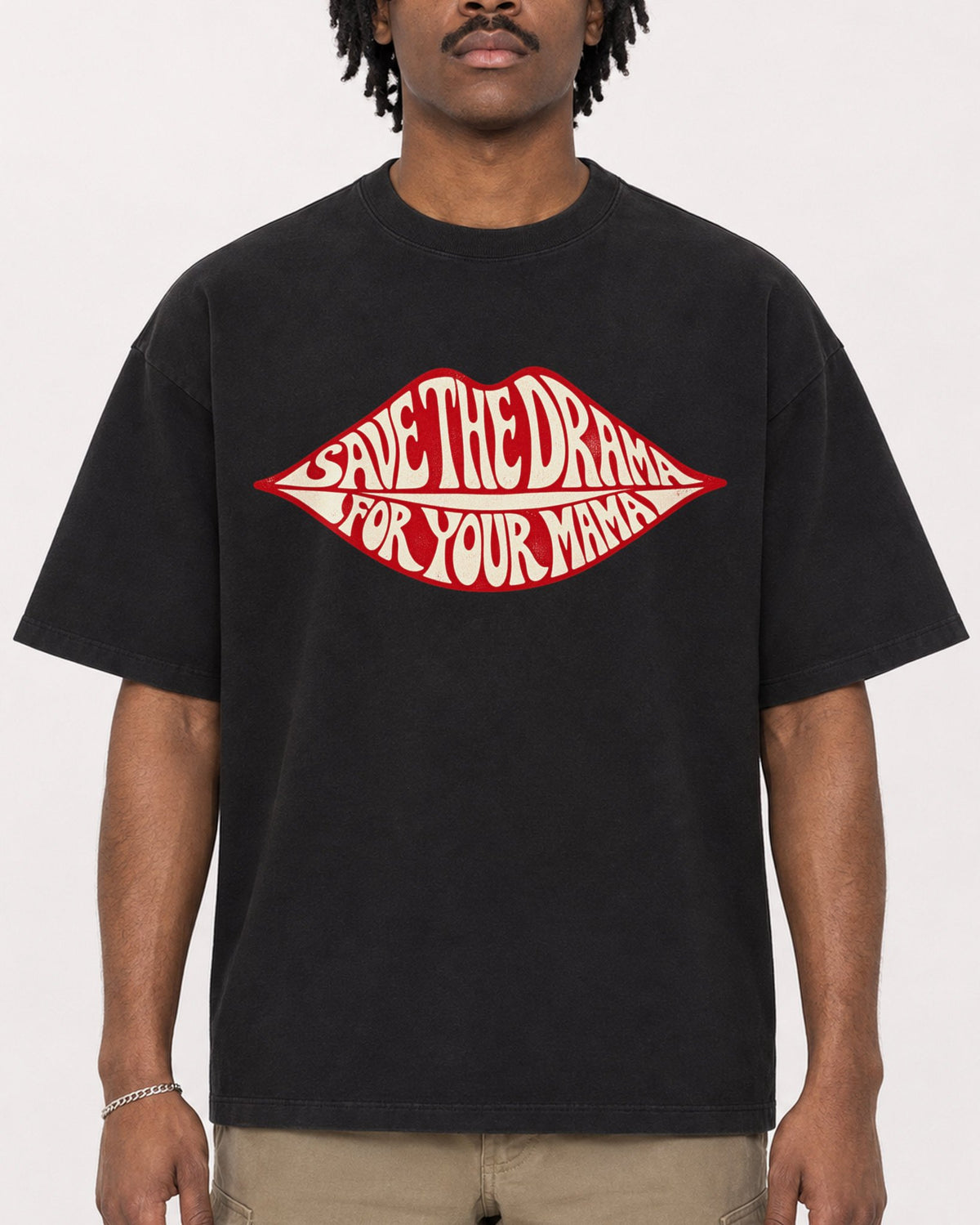 Mockup Boxy Heavyweight Tee Black male close-up 04