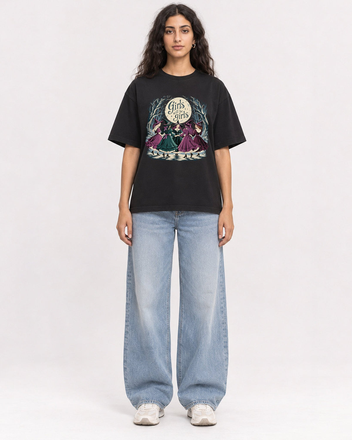 Mockup Boxy Heavyweight Tee Black female full-body 07