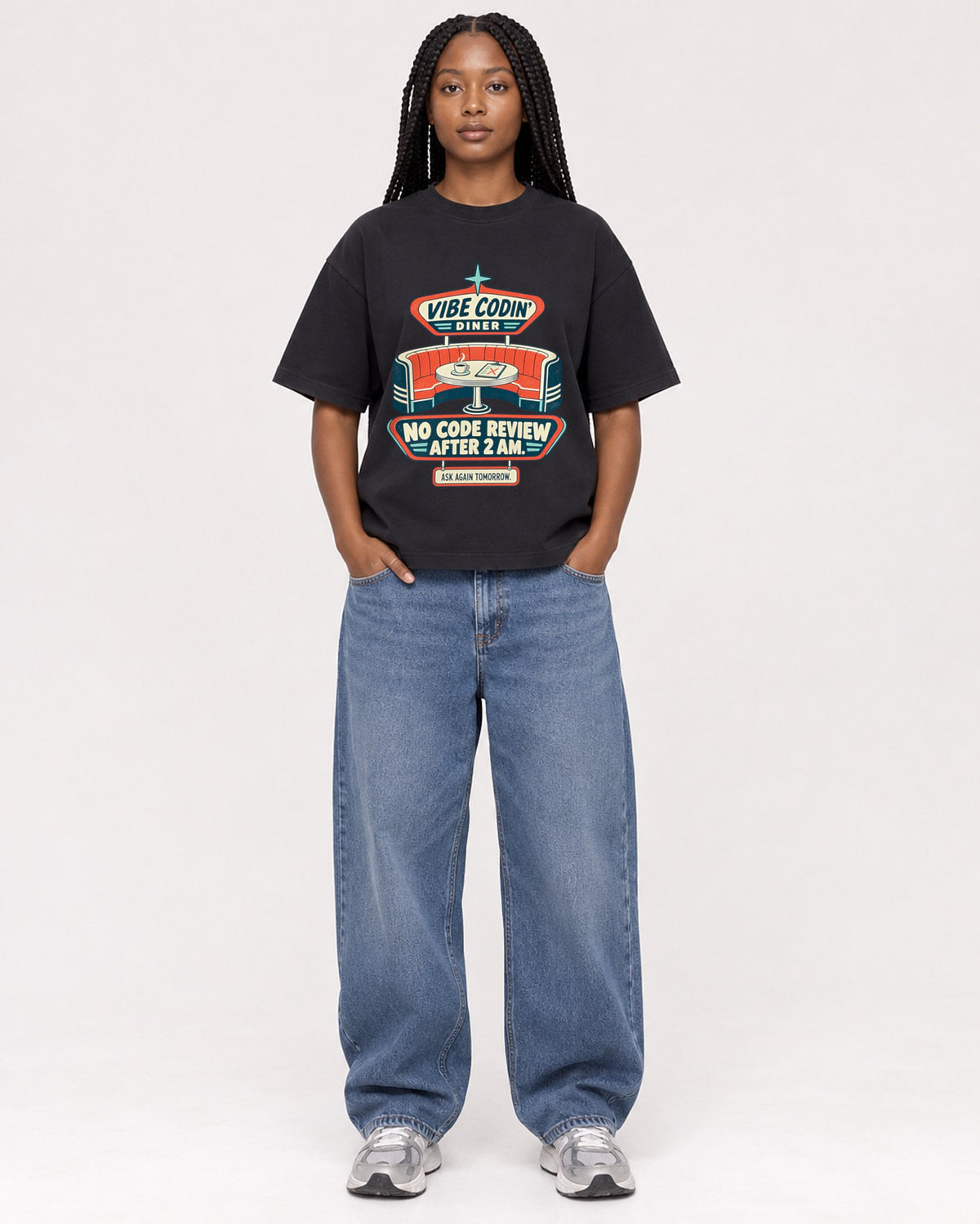 Mockup Boxy Heavyweight Tee Black female full-body 04