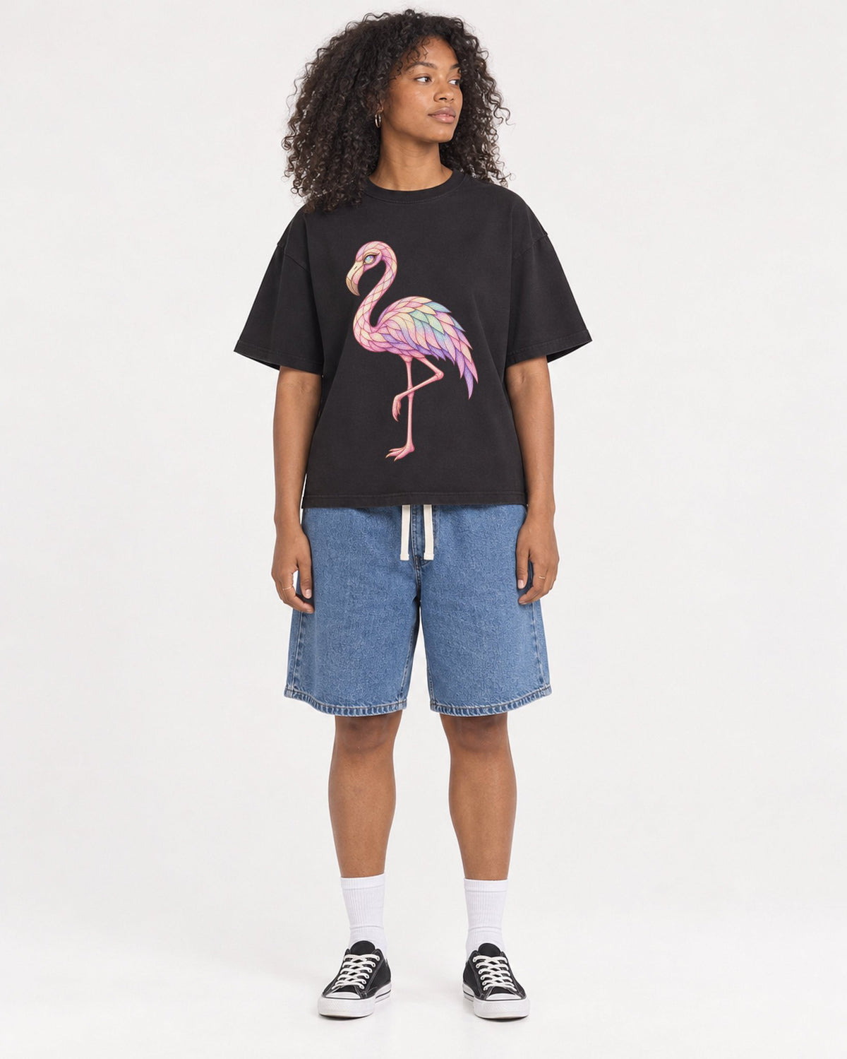 Mockup Boxy Heavyweight Tee Black female full-body 05