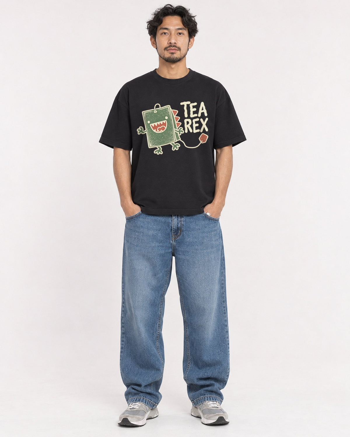 Mockup Boxy Heavyweight Tee Black male full-body 02