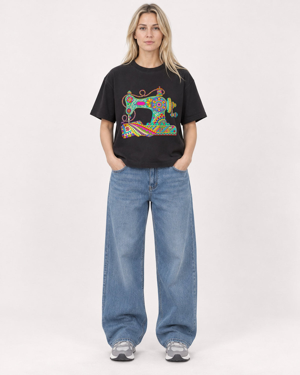 Mockup Boxy Heavyweight Tee Black female full-body 08