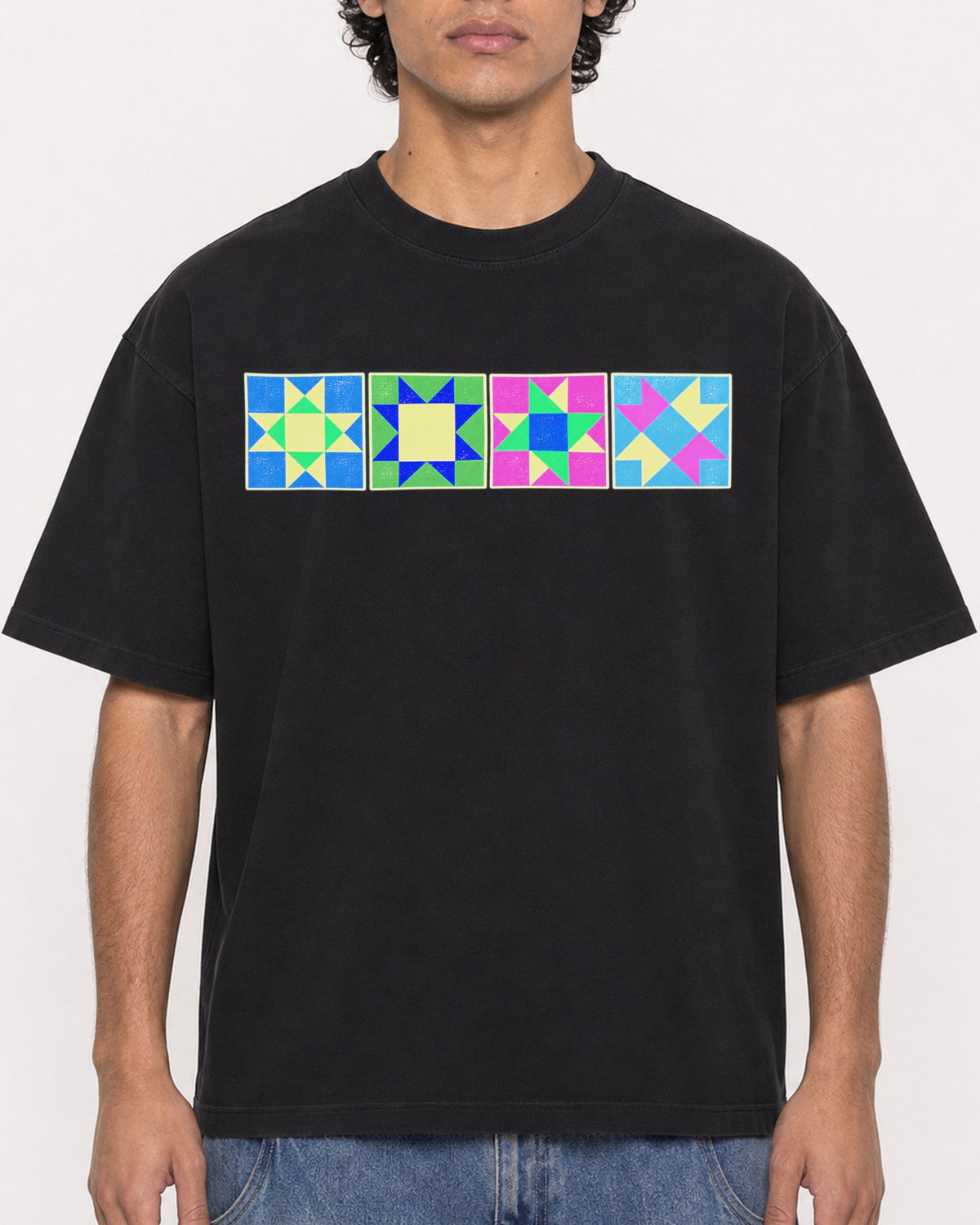 Mockup Boxy Heavyweight Tee Black male close-up 26
