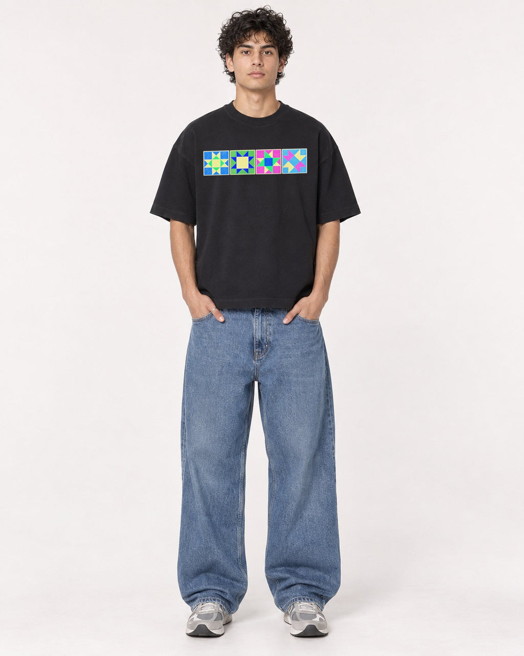 Mockup Boxy Heavyweight Tee Black male full-body 26