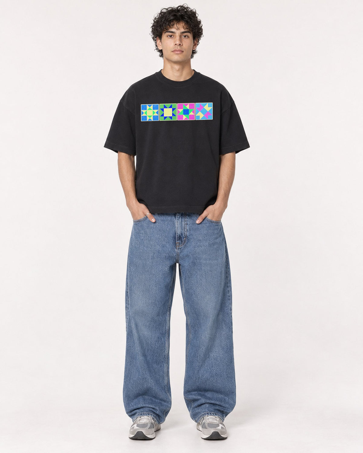 Mockup Boxy Heavyweight Tee Black male full-body 26